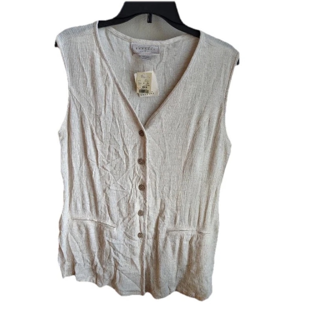 Vtg 90s Express Button Vest Womens M Beige Side Slit USA Linen Tunic Indie NWT